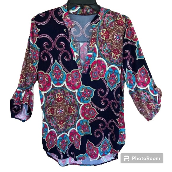 Women’s Boho Navy Pink And Teal Paisley Tunic Top Size Large - Picture 3 of 8